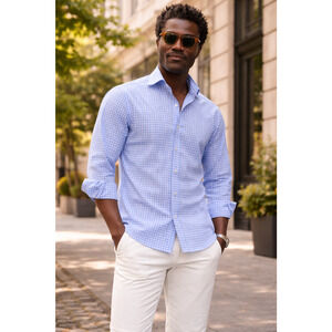 Proper Cloth Mens Gingham Shirt 18.3-34.3 Light Blue Long Sleeve Button Front